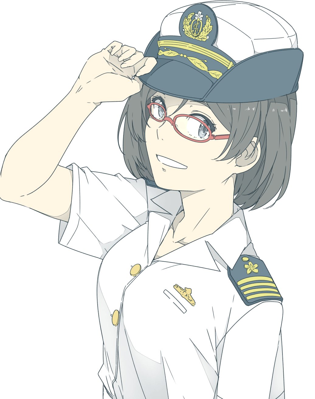 1girl bangs black_hair breasts female_service_cap glasses grin hat highres kantai_collection kirishima_(kantai_collection) military military_uniform naval_uniform ninimo_nimo red-framed_eyewear shirt short_hair short_sleeves silver_hair simple_background smile solo uniform upper_body white_background white_headwear white_shirt