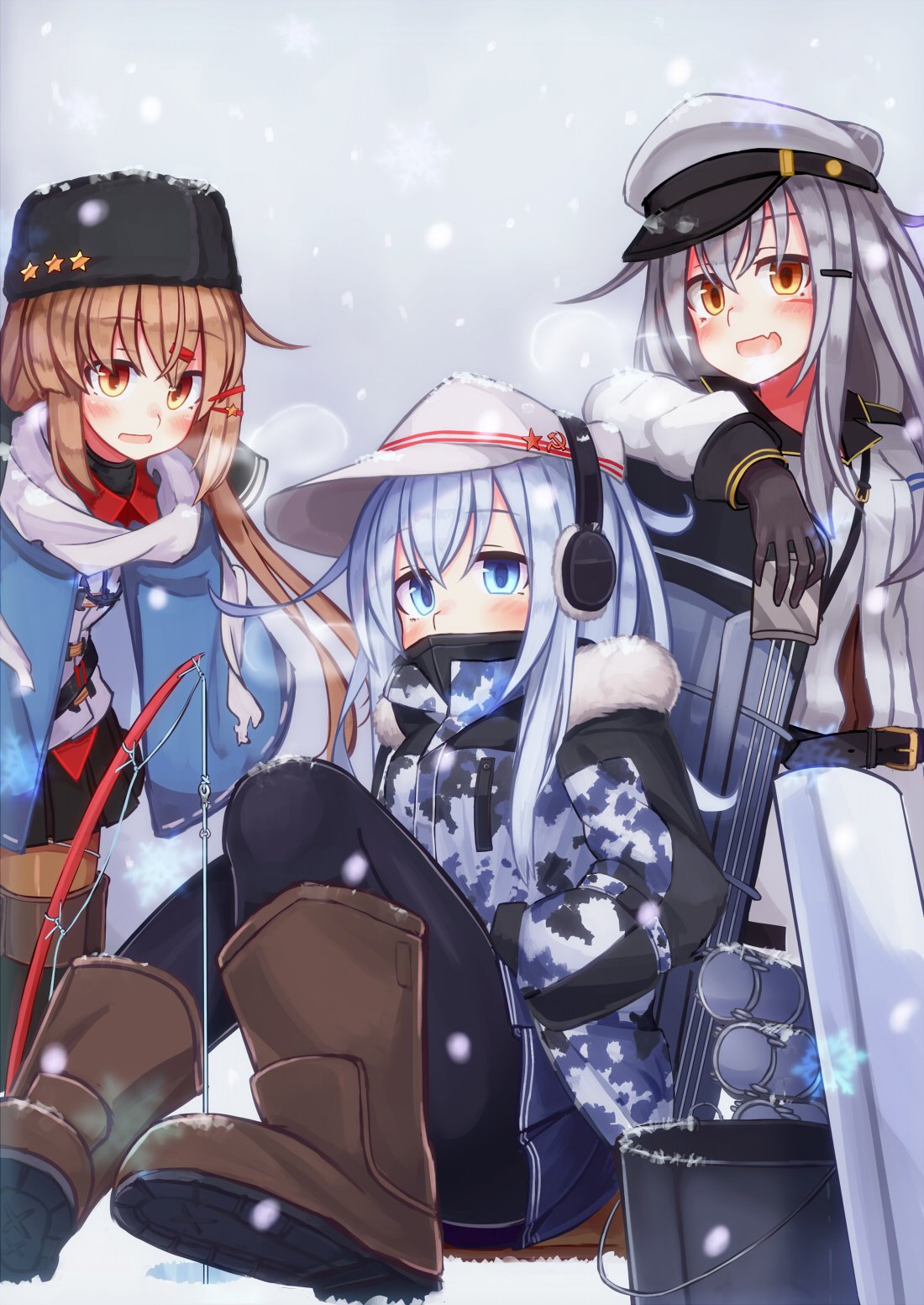 3girls bangs black_gloves black_headwear black_legwear black_skirt blue_shawl blue_skirt blush boots breasts breath brown_footwear brown_hair bucket camouflage camouflage_jacket coat earmuffs eyebrows_visible_through_hair fang fishing fishing_rod flat_cap fur_trim gangut_(kantai_collection) gloves grey_hair hair_ornament hairclip hammer_and_sickle hands_in_pockets hat hibiki_(kantai_collection) highres kantai_collection long_hair long_sleeves low_twintails multiple_girls open_mouth pantyhose papakha pleated_skirt reitou_mikan rigging scar scarf shawl silver_hair skin_fang skirt snow snowing star tashkent_(kantai_collection) torn_scarf twintails verniy_(kantai_collection) white_headwear white_scarf