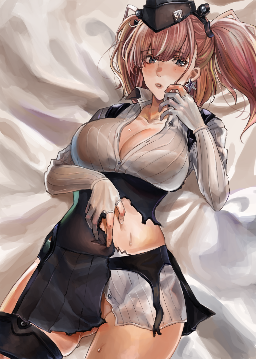 1girl amakaze atlanta_(kantai_collection) black_skirt blush breasts brown_hair dress earrings eyebrows_visible_through_hair garrison_cap gloves grey_eyes hair_between_eyes hat high-waist_skirt highres jewelry kantai_collection large_breasts long_hair long_sleeves looking_at_viewer lying on_back open_mouth partly_fingerless_gloves shirt skirt solo star star_earrings suspender_skirt suspenders sweatdrop torn_clothes torn_dress two_side_up white_shirt
