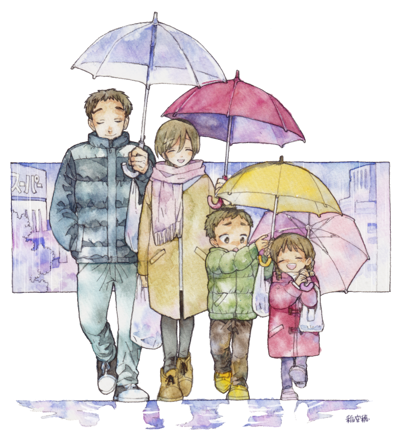 2boys 2girls :o ^_^ bag black_legwear blue_coat blue_pants blush braid brother_and_sister brown_hair carrying_over_shoulder child closed_eyes closed_mouth coat commentary_request crayon_(medium) facing_viewer family graphite_(medium) green_coat hand_in_pocket happy holding holding_umbrella husband_and_wife ina_(gonsora) lineup long_sleeves looking_at_another multiple_boys multiple_girls pants pantyhose pink_scarf plastic_bag rain red_coat scarf shared_umbrella shoe_soles shoes short_hair siblings smile sneakers toggles traditional_media twin_braids twintails umbrella walking white_background yellow_coat yellow_footwear