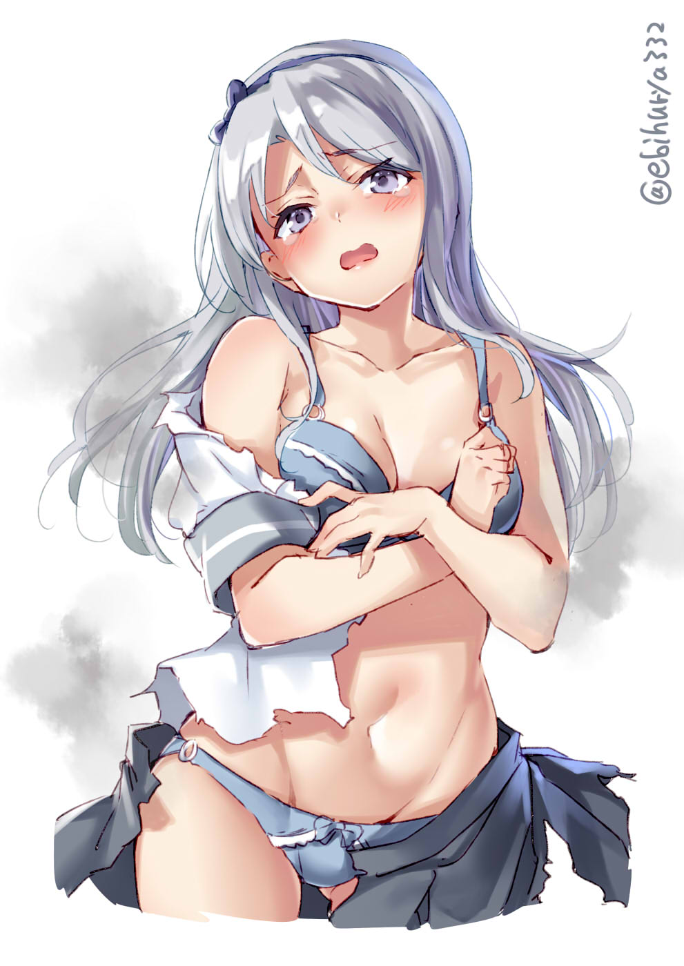 1girl ass_visible_through_thighs asymmetrical_bangs bangs blush bra breast_press breasts burnt_clothes clenched_hands collarbone cowboy_shot ebifurya grey_bra grey_eyes grey_panties hairband highres kantai_collection long_hair looking_at_viewer midriff navel o-ring o-ring_bottom o-ring_panties o-ring_top open_mouth panties sagiri_(kantai_collection) sailor_collar school_uniform serafuku short_sleeves silver_hair small_breasts smoke stomach swept_bangs torn_clothes underwear