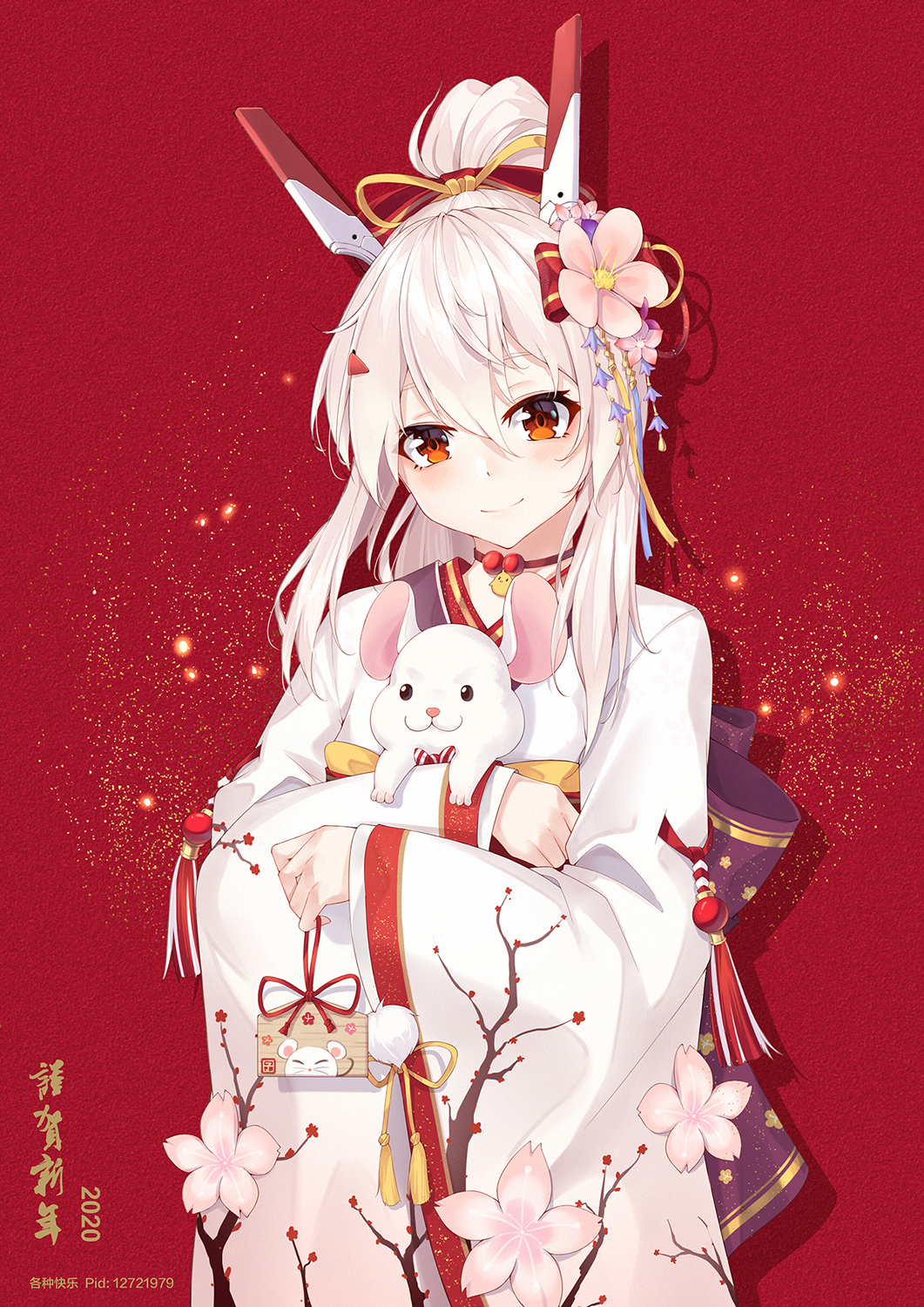 1girl 2020 animal ayanami_(azur_lane) ayanami_(pulse_of_the_new_year)_(azur_lane) azur_lane blonde_hair blush chinese_zodiac floral_print flower ge_zhong_kuaile hair_between_eyes hair_flower hair_ornament happy_new_year headgear highres holding holding_animal japanese_clothes kimono long_hair long_sleeves looking_at_viewer mouse nengajou new_year pink_flower ponytail red_background red_eyes smile solo white_kimono wide_sleeves year_of_the_rat