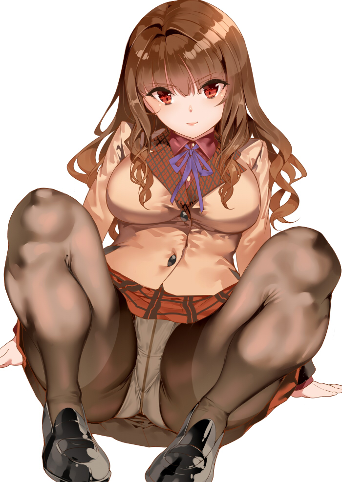 1girl arm_support ass bangs black_legwear blazer blush breasts brown_hair closed_mouth commentary_request crotch_seam eyebrows_visible_through_hair hair_between_eyes jacket loafers long_hair long_sleeves looking_at_viewer original panties panties_under_pantyhose pantyhose pantyshot pleated_skirt purple_neckwear red_eyes red_skirt saburou_(hgmg) shoes simple_background sitting skirt smile solo thighband_pantyhose underwear wavy_hair white_background white_panties
