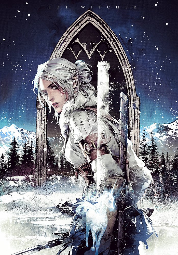 1girl ciri forest from_behind green_eyes hair_bun long_hair mountain nature official_art scar silver_hair snow snowing sword the_witcher unicorn weapon white_hair xiling