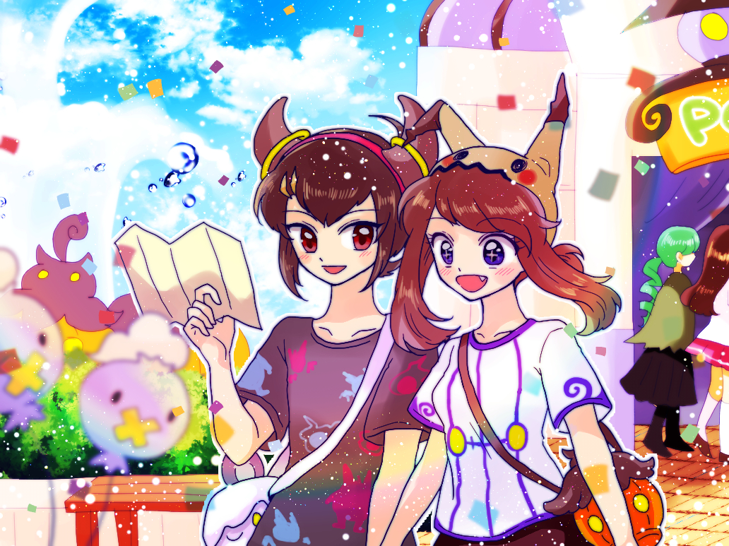 1boy 3girls :d alternate_color bag bench black_hair black_shirt black_skirt blue_sky blush breasts brown_hair building chandelure clouds cloudy_sky confetti cosplay couple curtains day drifloon fang floating gen_3_pokemon gen_4_pokemon gen_6_pokemon gen_7_pokemon green_hair handbag happy hetero hibikileon holding holding_paper hoopa hoopa_(cosplay) horns litwick long_hair medium_hair mimikyu mimikyu_(cosplay) multiple_girls odamaki_sapphire open_mouth outdoors paper pink_skirt pokemon pokemon_special pumpkaboo shirt side_ponytail skirt sky small_breasts smile white_shirt yuuki_(pokemon)