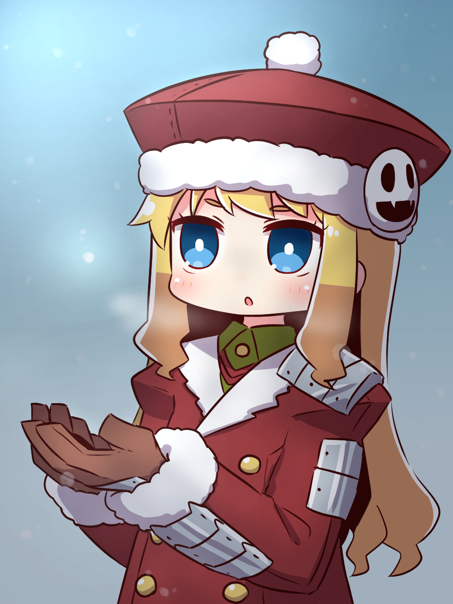 1girl :o alternate_color blonde_hair blue_eyes blush breath brown_sleeves coat fur-trimmed_coat fur-trimmed_hat fur-trimmed_sleeves fur_trim gunner hands_up highres jack_frost long_hair long_sleeves naga_u parted_lips red_coat red_headwear sekaiju_no_meikyuu sekaiju_no_meikyuu_2 snowing solo upper_body