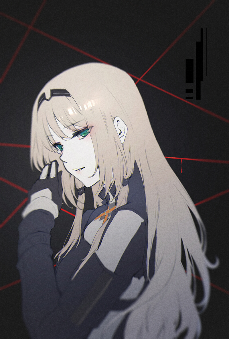 1girl abstract_background an-94_(girls_frontline) arm_up bangs black_gloves blush breasts collar commentary_request eyebrows_visible_through_hair from_side girls_frontline gloves green_eyes hair_ornament hairband jacket kumo_ryuun lips long_hair long_sleeves looking_away parted_lips sidelocks silver_hair simple_background solo tears upper_body