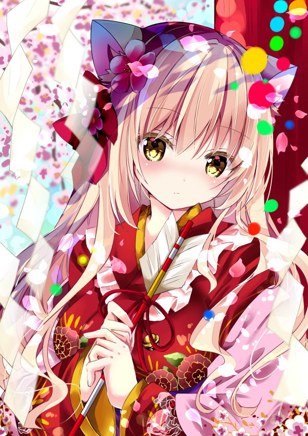 1girl animal_ear_fluff animal_ears arrow bangs bell blurry blurry_background breasts brown_hair cat_ears closed_mouth commentary_request depth_of_field eyebrows_visible_through_hair floral_print flower hair_between_eyes hamaya hands_together holding holding_arrow japanese_clothes jingle_bell kimono long_hair long_sleeves looking_at_viewer medium_breasts nanase_kureha nanase_nao original own_hands_together pink_flower print_kimono red_kimono red_ribbon ribbon shide solo upper_body very_long_hair wide_sleeves yellow_eyes