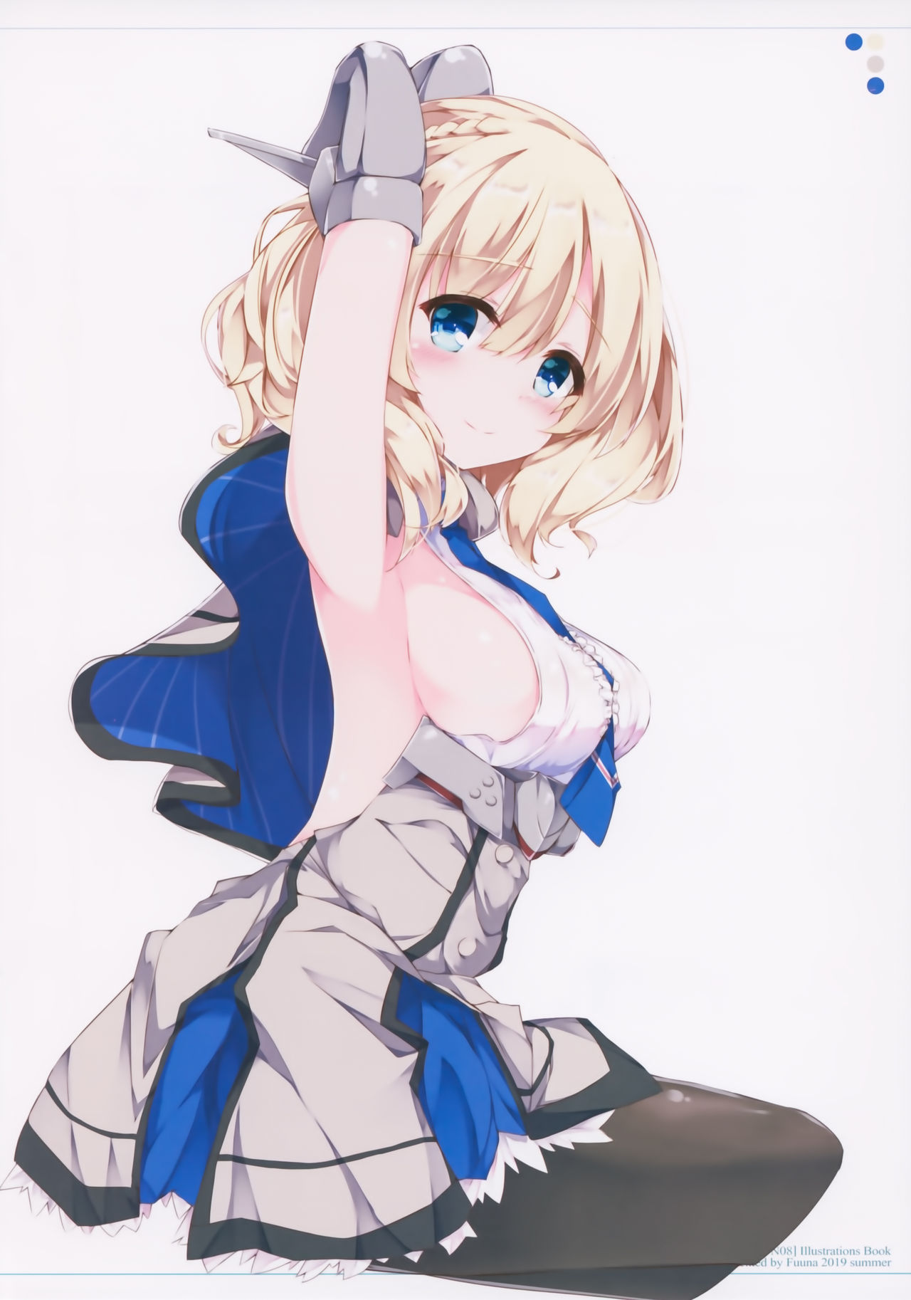 1girl arms_up blonde_hair blue_eyes blue_neckwear blush breasts capelet closed_mouth colorado_(kantai_collection) dress elbow_gloves eyebrows_visible_through_hair fuuna garrison_cap gloves hair_ornament hat headgear highres kantai_collection large_breasts looking_at_viewer necktie pantyhose shirt short_hair side_braids sideboob sitting sleeveless smile solo white_shirt