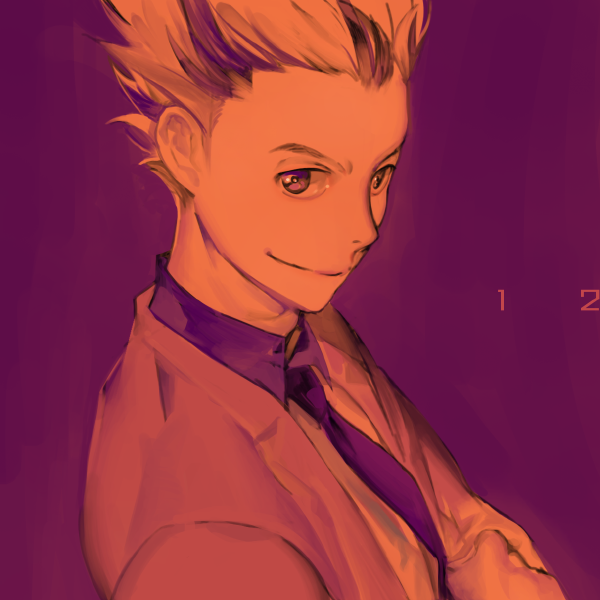 1boy bokuto_koutarou closed_mouth collar formal haikyuu!! jacket looking_at_viewer male_focus multicolored_hair necktie orka1701 purple_background purple_neckwear short_hair simple_background smile solo spiky_hair suit two-tone_hair upper_body