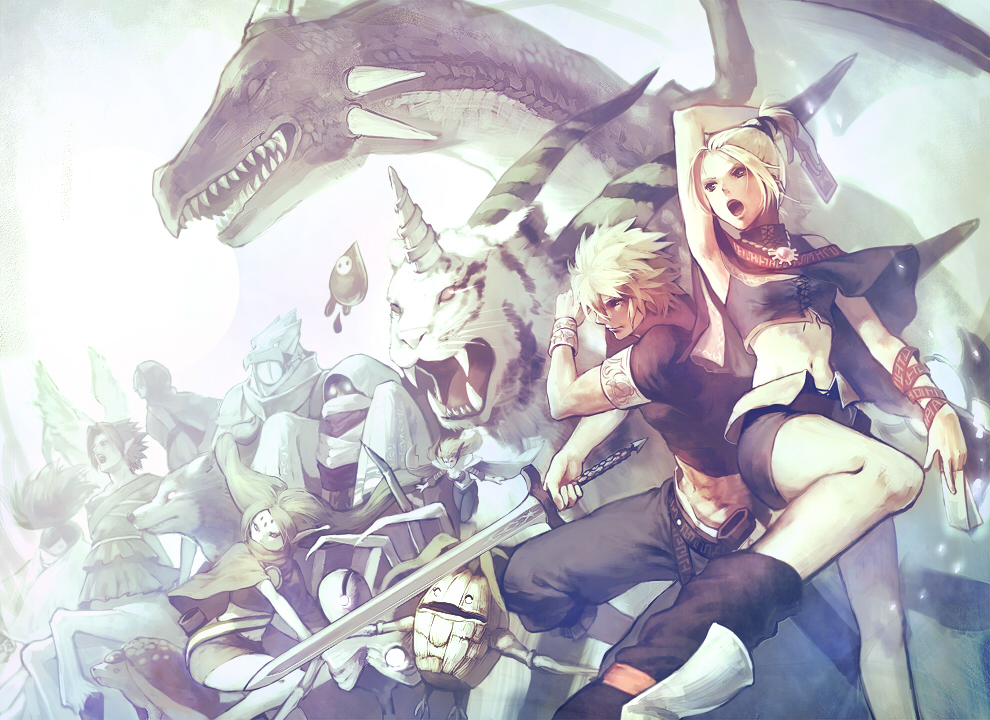 1boy 3girls 6+others animal aruk belt blonde_hair bow bow_(weapon) cloak closed_mouth copyright_request dragon dress floating holding holding_bow_(weapon) holding_sword holding_weapon horn long_sleeves multiple_girls multiple_others navel open_mouth pointy_ears ponytail quiver scabbard sheath sword talisman teeth tiger weapon white_tiger wolf