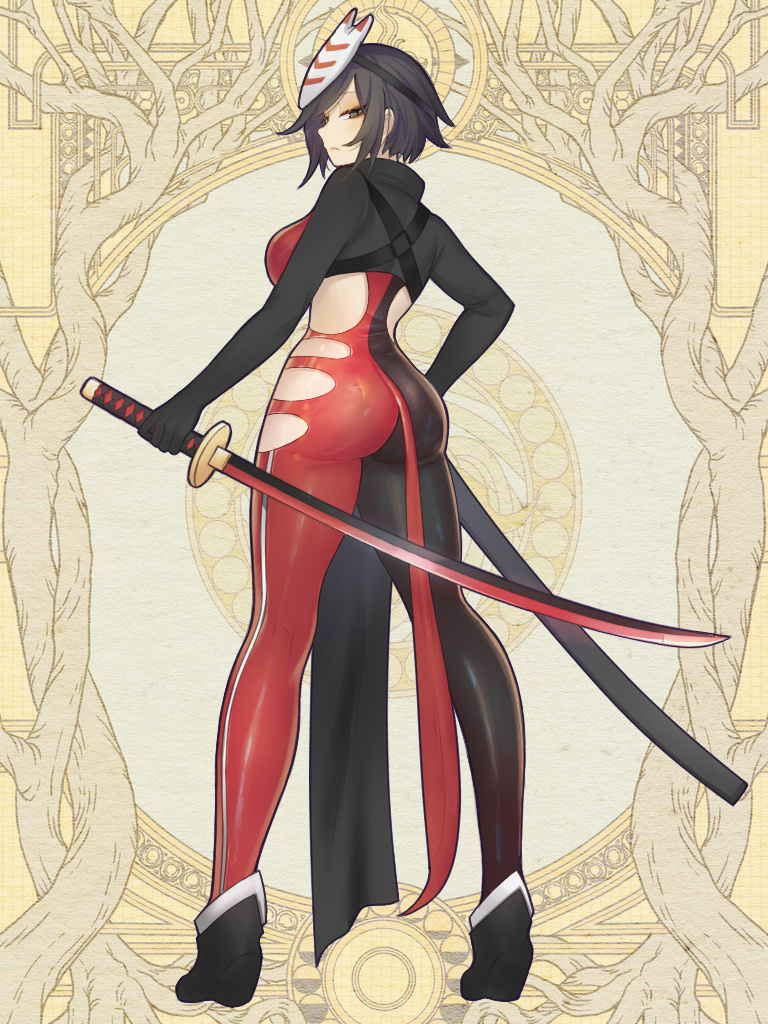 1girl ass black_footwear black_hair breasts dairoku_youhei full_body holding holding_sword holding_weapon katana large_breasts looking_back mask mask_on_head mugu1 official_art sheath short_hair side_cutout simple_background standing sword weapon yellow_background