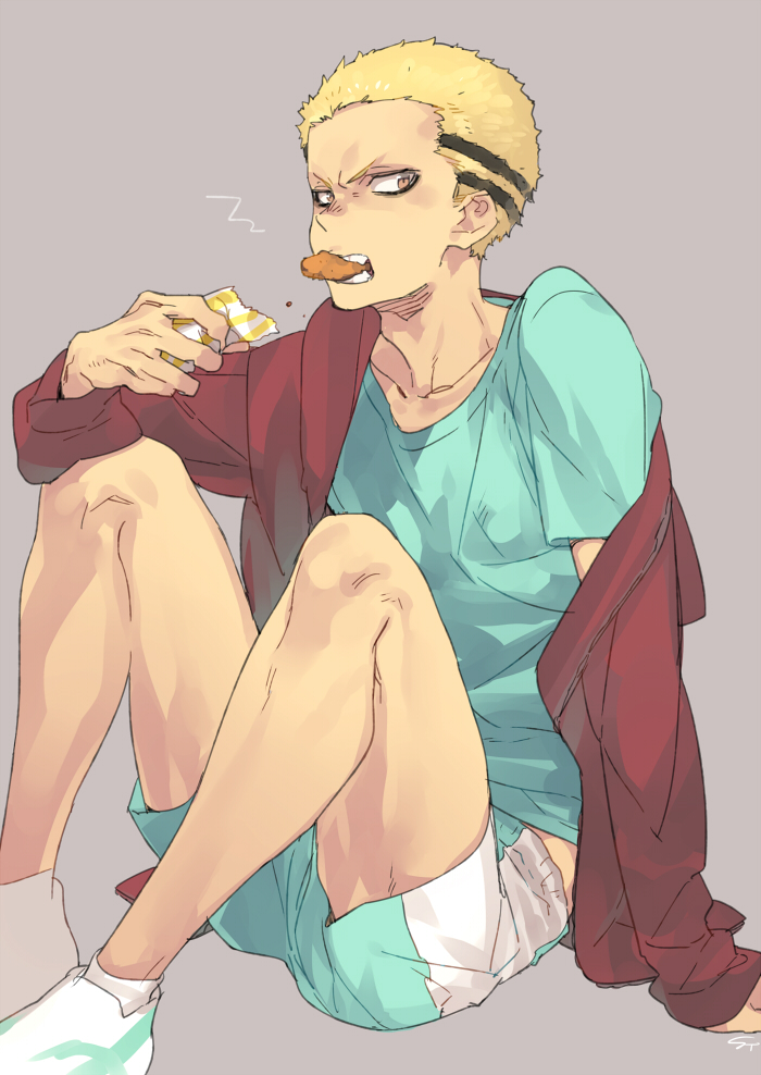 1boy angry arm_support bare_legs biting black_hair blonde_hair blue_shirt collarbone eating food grey_background haikyuu!! holding holding_food jacket kyoutani_kentarou long_sleeves looking_at_viewer male_focus mouth_hold multicolored_hair open_clothes open_jacket open_mouth red_jacket shirt short_hair short_sleeves shorts simple_background sitting solo t-shirt teeth toujou_sakana track_jacket two-tone_hair white_footwear