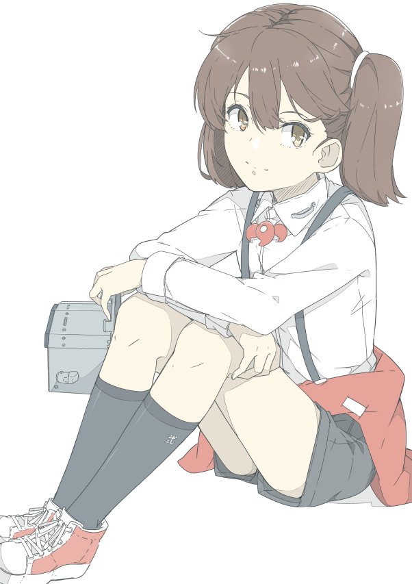 1girl bangs black_legwear black_shorts brown_hair hair_between_eyes kantai_collection kneehighs long_sleeves magatama ninimo_nimo red_footwear ryuujou_(kantai_collection) shirt shoes shorts simple_background sitting smile sneakers solo suspenders twintails white_background white_shirt yellow_eyes