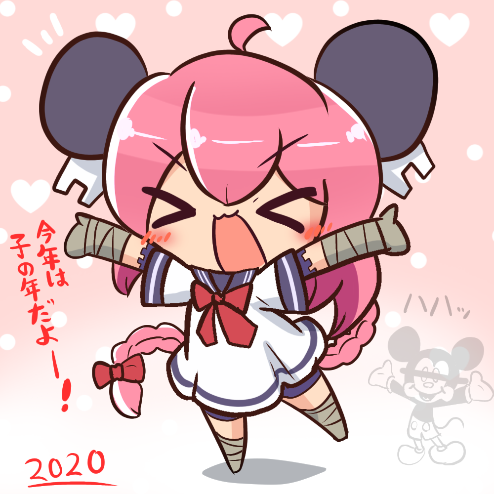 &gt;_&lt; 1girl 2020 :3 ahoge asimo953 bandaged_arm bandaged_leg bandages bangs bar_censor bike_shorts blush_stickers bodysuit bow bowtie braid censored chibi chinese_zodiac commentary_request disney dress eyebrows_visible_through_hair full_body gradient gradient_background hair_bow headgear heart heart_background identity_censor kantai_collection long_hair mickey_mouse nenohi_(kantai_collection) open_mouth outstretched_arms pink_background pink_hair polka_dot polka_dot_background red_bow sailor_collar sailor_dress short_sleeves sidelocks single_braid translation_request x3 year_of_the_rat