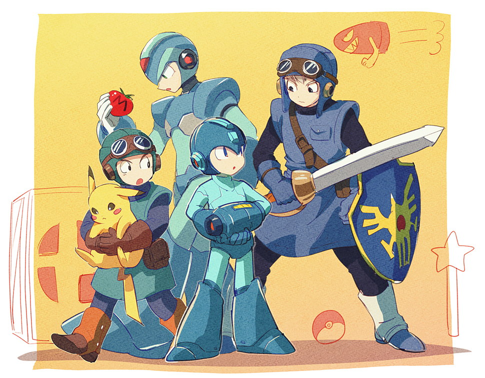 character_request closed_mouth commentary_request crossover dragon_quest dragon_quest_ii helmet multiple_boys pikachu pokemon pokemon_(game) prince_of_lorasia rockman rockman_(character) rockman_(classic) rockman_x shield short_hair sword weapon x_(rockman) yuza