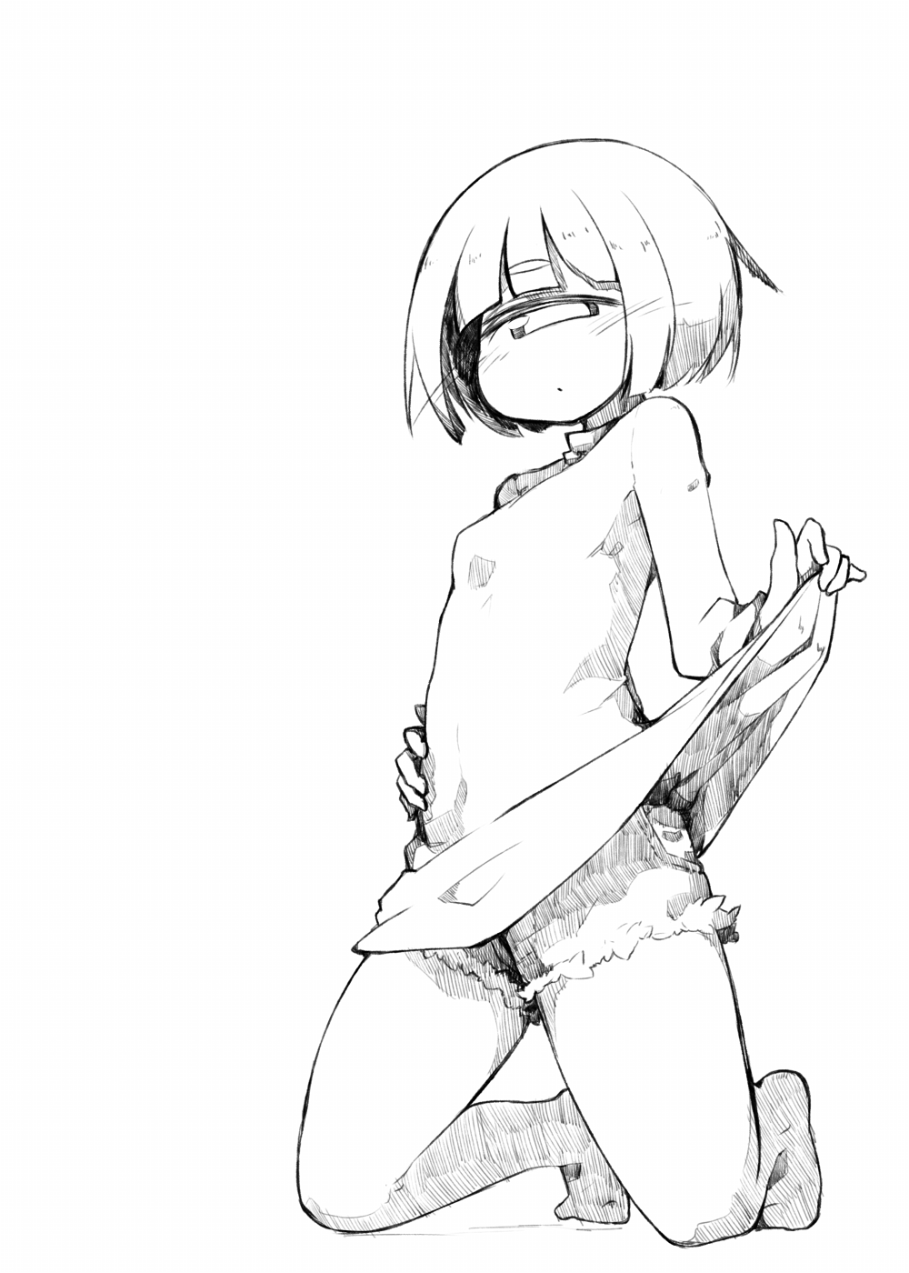 1girl barefoot blouse blush cyclops denim denim_shorts expressionless from_below greyscale hand_on_hip highres kneeling lifted_by_self looking_at_viewer monochrome one-eyed original shima_(sh1mamu) shirt_lift shorts simple_background sketch solo thick_eyebrows tiptoes