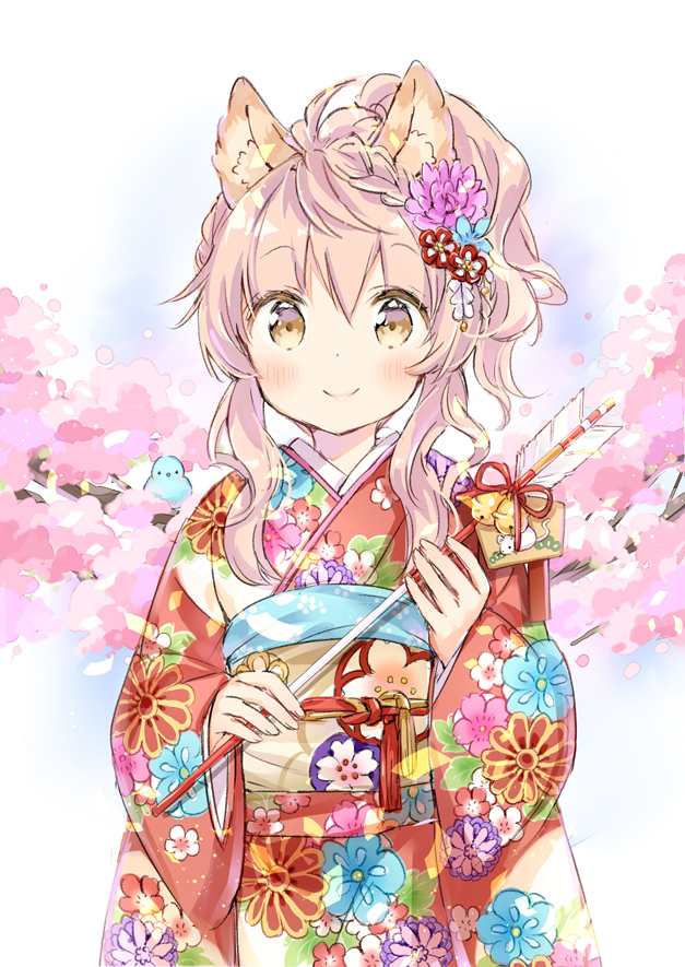 1girl animal animal_ear_fluff animal_ears arrow bell bird blue_flower bluebird blush braid brown_eyes closed_mouth commentary_request ema floral_print flower hair_flower hair_ornament hamaya high_ponytail holding holding_arrow japanese_clothes jingle_bell kimono long_hair long_sleeves obi original pink_flower pink_hair ponytail print_kimono red_kimono red_ribbon ribbon sash sidelocks smile solo tree_branch upper_body wataame27 wide_sleeves wolf-chan_(wataame27) wolf_ears