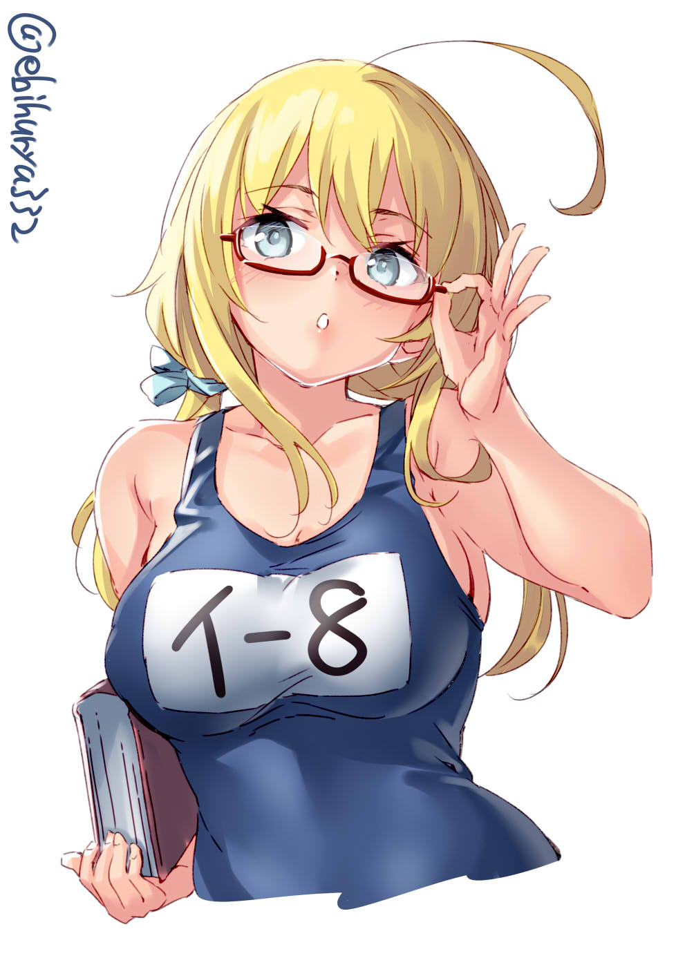 1girl blonde_hair blue_eyes blush book breasts commentary ebifurya eyebrows_visible_through_hair glasses hair_between_eyes highres i-8_(kantai_collection) kantai_collection large_breasts low_twintails name_tag one-piece_swimsuit open_mouth red-framed_eyewear school_swimsuit semi-rimless_eyewear simple_background solo swimsuit twintails twitter_username under-rim_eyewear white_background