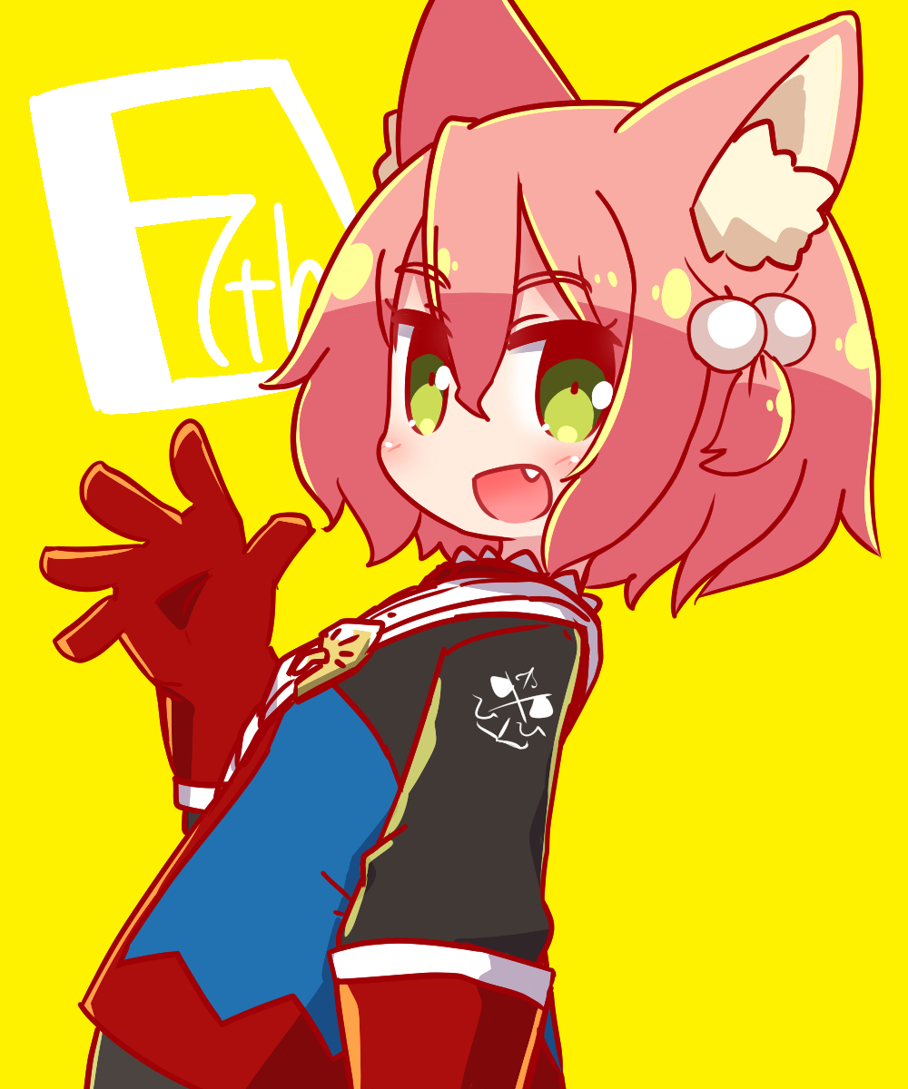 1girl 7th_dragon 7th_dragon_(series) :d animal_ear_fluff animal_ears bangs belt belt_buckle blue_jacket blush buckle cat_ears dutch_angle eyebrows_visible_through_hair fang gloves green_eyes hair_between_eyes hair_bobbles hair_ornament hand_up harukara_(7th_dragon) highres jacket long_sleeves looking_at_viewer looking_to_the_side naga_u one_side_up open_mouth pink_hair red_gloves smile solo upper_body white_belt yellow_background