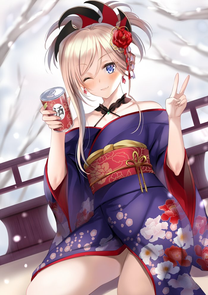 1girl :3 blonde_hair blue_eyes canned_tea eyebrows_visible_through_hair fate/grand_order fate_(series) flower hair_flower hair_ornament harimoji japanese_clothes kimono long_sleeves miyamoto_musashi_(fate/grand_order) obi off_shoulder one_eye_closed sash snowflakes solo v