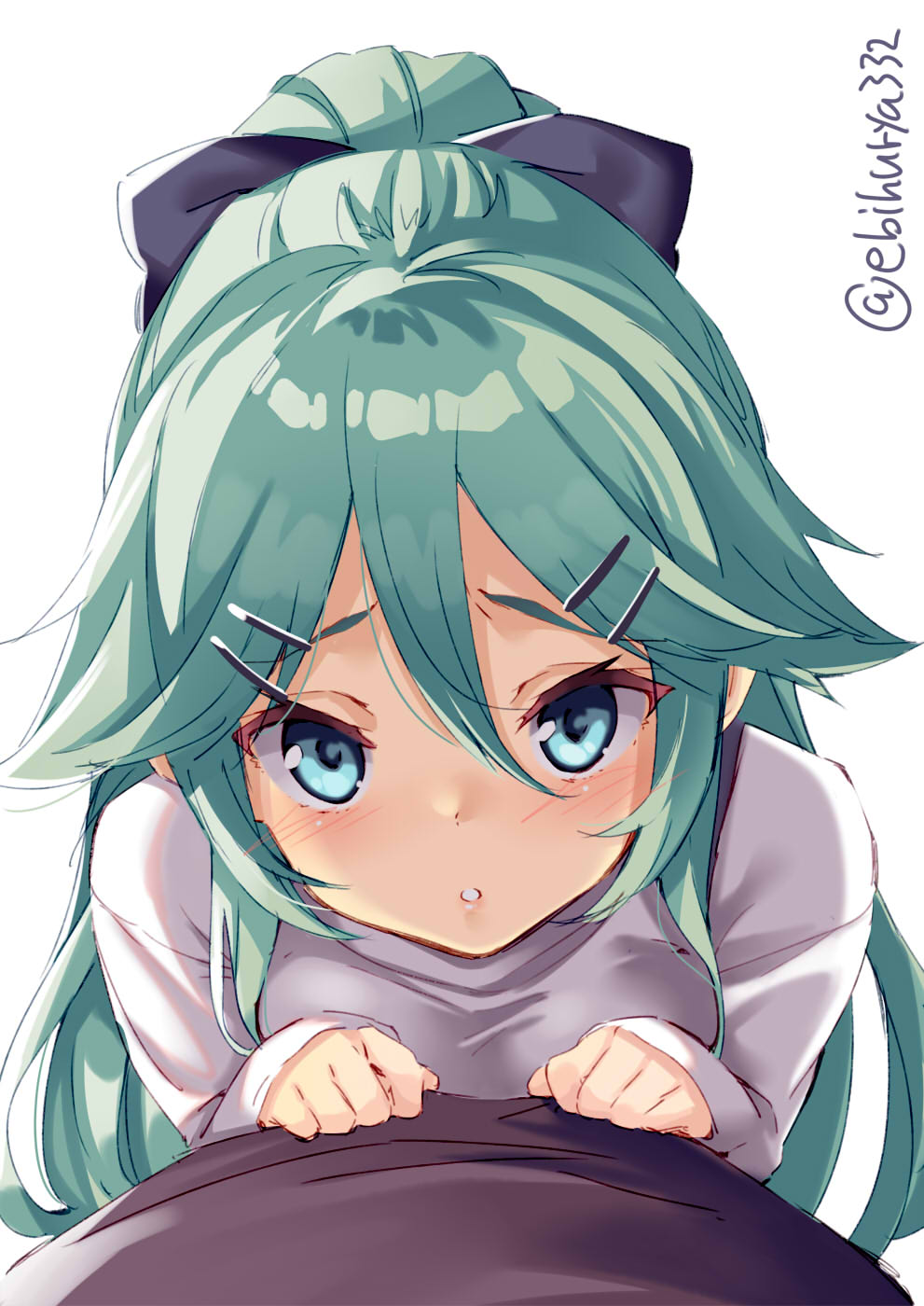 1girl alternate_costume aqua_eyes black_ribbon blue_eyes blush breasts commentary_request ebifurya green_hair hair_between_eyes hair_flaps hair_ornament hair_ribbon hairclip highres kantai_collection large_breasts long_hair looking_at_viewer open_mouth ponytail pov ribbon simple_background sleeves_past_wrists solo_focus sweater tears thigh-highs twitter_username white_background white_sweater yamakaze_(kantai_collection)