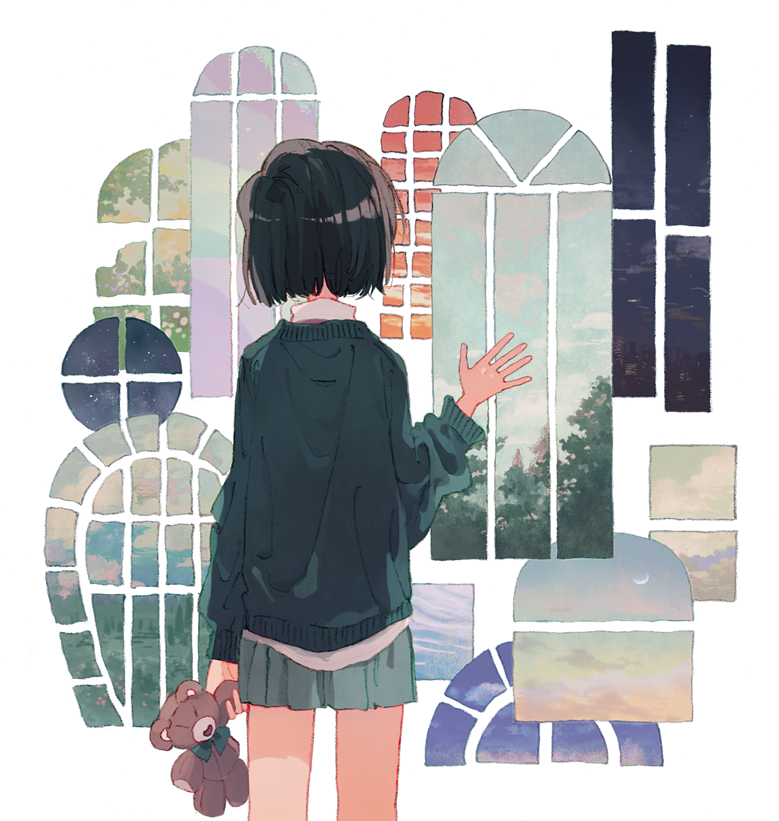 1girl arm_at_side backlighting black_hair blending cityscape clouds cloudy_sky cowboy_shot facing_away from_behind gradient_sky green_ribbon green_skirt green_sweater hand_on_window hand_up holding indoors ka_(marukogedago) long_sleeves looking_out_window miniskirt moon original pleated_skirt ribbon round_window short_hair skirt sky solo star_(sky) stuffed_animal stuffed_toy sweater teddy_bear tree white_background window