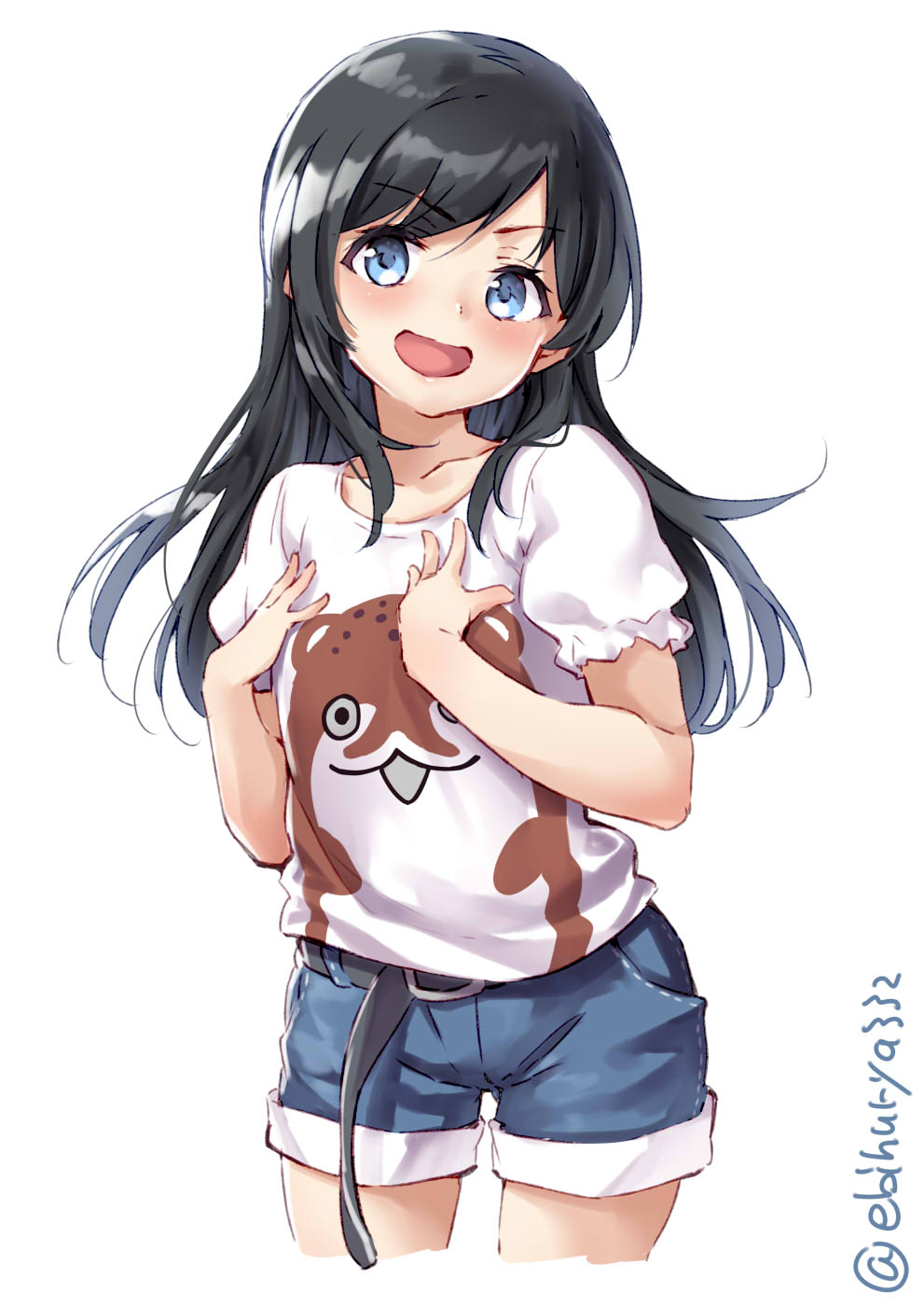 1girl alternate_costume asashio_(kantai_collection) belt black_belt black_hair blue_eyes blue_shorts bokukawauso buckle casual collarbone commentary_request denim denim_shorts ebifurya hands_on_own_chest highres kantai_collection long_hair looking_at_viewer mascot open_mouth original otter shirt shorts simple_background smile solo t-shirt twitter_username white_background