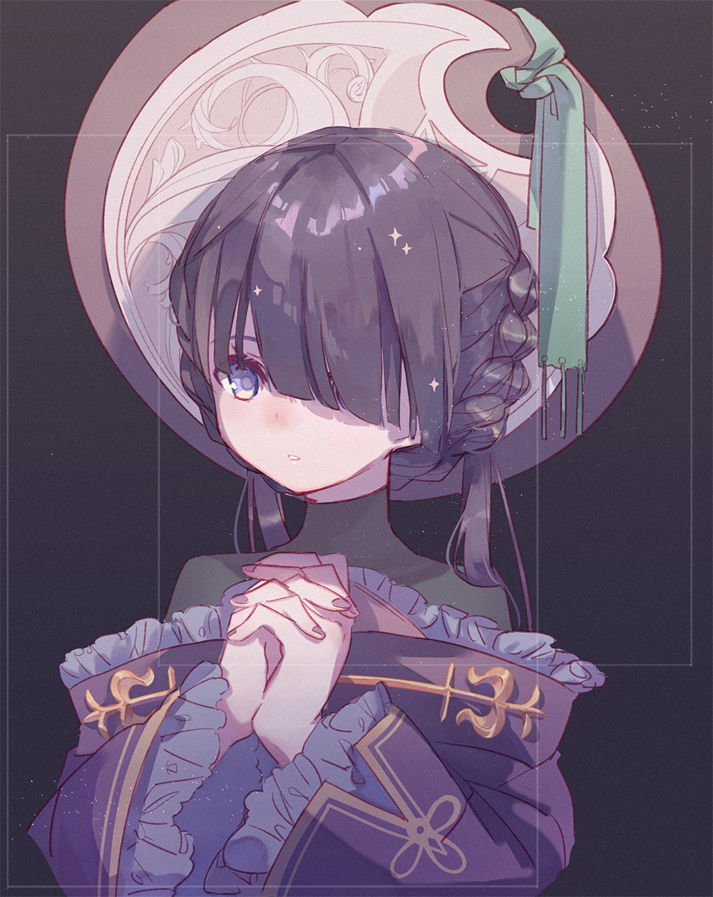 1girl bangs black_background black_hair blue_eyes blunt_bangs braid brown_headwear frills hair_over_one_eye hands_together hands_up highres interlocked_fingers long_sleeves pixiv_fantasia pixiv_fantasia_last_saga portrait short_hair solo standing stoolpower