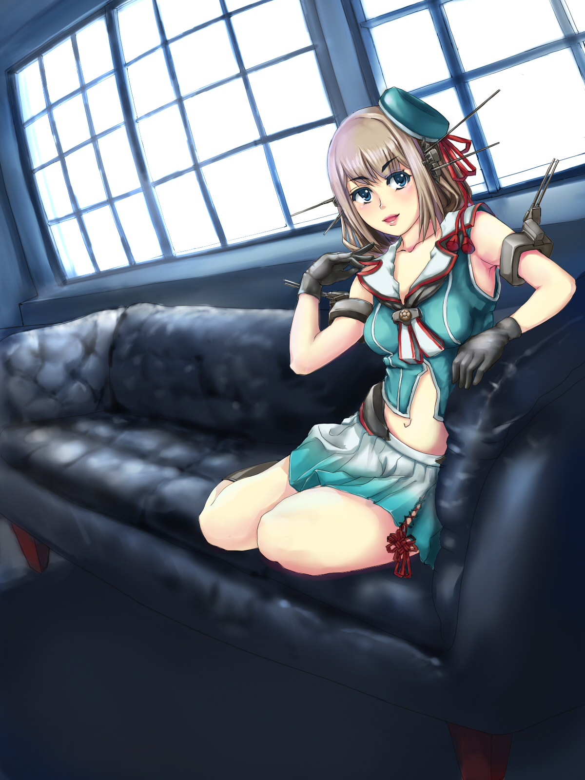 1girl antennae arm_rest beret black_gloves blue_eyes breasts brown_hair chinese_knot collarbone couch crop_top dutch_angle fisheye gloves hand_on_own_cheek hand_up hat highres indoors kantai_collection light40boy lips looking_at_viewer maya_(kantai_collection) medium_hair miniskirt navel neckerchief on_couch parted_lips red_ribbon remodel_(kantai_collection) ribbon rigging sailor_collar sailor_shirt shirt sitting skirt small_breasts solo tassel window yokozuwari