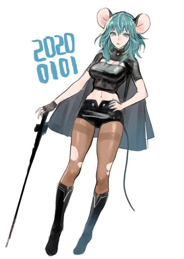 1girl animal_ears black_shorts blue_eyes blue_hair breasts byleth_(fire_emblem) byleth_eisner_(female) fire_emblem fire_emblem:_three_houses full_body large_breasts medium_hair mouse_ears p-nekor pantyhose parted_lips short_shorts short_sleeves shorts simple_background solo torn_clothes torn_legwear white_background