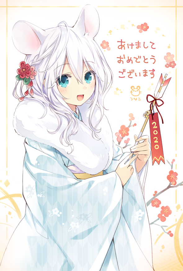 1girl 2020 animal_ears aqua_eyes arrow artist_logo artist_name blue_kimono braid chinese_zodiac commentary eyebrows_visible_through_hair floral_background floral_print flower fur_trim hair_between_eyes hair_flower hair_ornament japanese_clothes kimono long_hair looking_at_viewer mouse_ears new_year open_mouth original ribbon solo translated tsunako upper_body white_hair year_of_the_rat