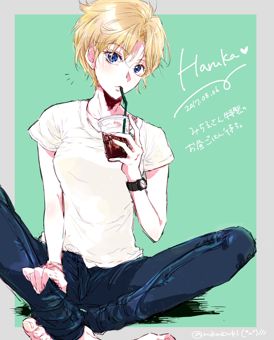 /\/\/\ 1girl barefoot bishoujo_senshi_sailor_moon blonde_hair blue_eyes casual character_name cup dated denim drink drinking drinking_straw green_background highres jeans looking_at_viewer pants shirt short_hair simple_background solo t-shirt taromako ten'ou_haruka