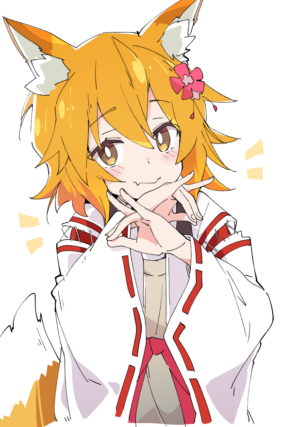 1girl animal_ear_fluff animal_ears blush commentary fangs flower fox_ears fox_girl fox_shadow_puppet fox_tail hair_flower hair_ornament ixy long_sleeves looking_at_viewer nontraditional_miko orange_eyes orange_hair ribbon-trimmed_sleeves ribbon_trim senko_(sewayaki_kitsune_no_senko-san) sewayaki_kitsune_no_senko-san short_hair smile solo tail white_background