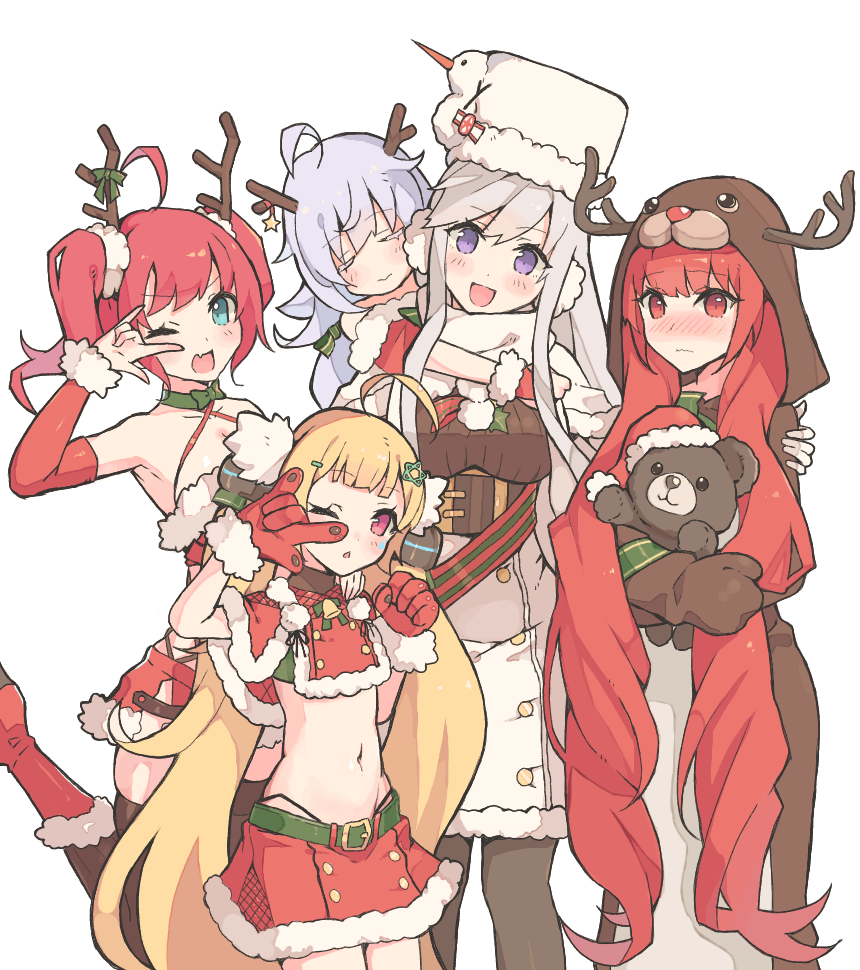 azur_lane blonde_hair breasts christmas closed_eyes earmuffs eldridge_(azur_lane) eldridge_(holy_night's_embrace)_(azur_lane) enterprise_(azur_lane) enterprise_(reindeer_master)_(azur_lane) grey_hair hamuhamu_hamuo honolulu_(azur_lane) honolulu_(fire_red_present)_(azur_lane) multiple_girls navel nicholas_(azur_lane) nicholas_(mispackaging?)_(azur_lane) one_eye_closed purple_hair red_eyes redhead san_diego_(azur_lane) san_diego_(sandy_claus!)_(azur_lane) santa_costume violet_eyes