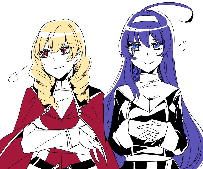 2girls ahoge awkward blonde_hair blue_eyes blue_hair breasts cape crossed_arms dress drill_hair embarrassed erika_wagner eyebrows_visible_through_hair hairband hands_together huge_ahoge long_hair looking_at_another looking_away medium_breasts multiple_girls nun orie_(under_night_in-birth) red_eyes s2cikn_(yuzu) small_breasts smile sweat twin_drills twintails under_night_in-birth very_long_hair white_hairband