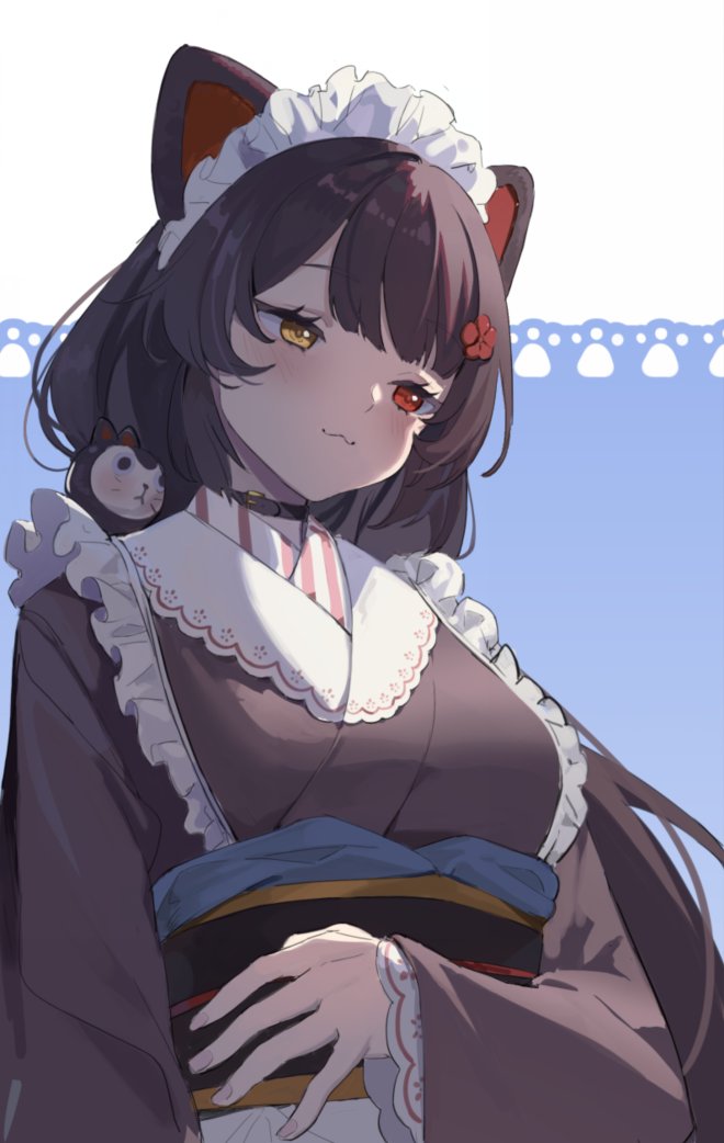 1girl :3 animal_ears black_hair black_kimono blue_background blush closed_mouth dog_ears dog_girl dog_hair_ornament flower hair_flower hair_ornament heterochromia inui_toko japanese_clothes kimono long_hair long_sleeves maid_headdress nijisanji obi paw_print_background red_eyes sash seinen smile solo twintails upper_body virtual_youtuber wa_maid yellow_eyes