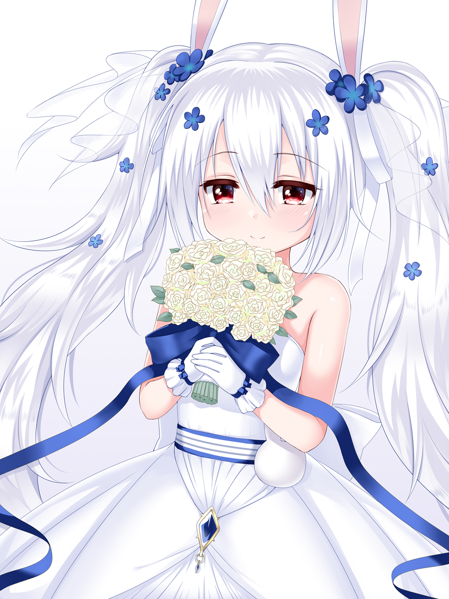 1girl animal_ears azur_lane bangs bare_shoulders blue_bow blue_flower blush bouquet bow closed_mouth commentary_request dress eyebrows_visible_through_hair flower gloves gradient gradient_background grey_background hair_between_eyes hair_flower hair_ornament hair_ribbon highres holding holding_bouquet laffey_(azur_lane) laffey_(white_rabbit's_oath)_(azur_lane) long_hair rabbit_ears red_eyes ribbon rose see-through smile solo strapless strapless_dress twintails u2_(5798239) very_long_hair white_background white_dress white_flower white_gloves white_hair white_rose