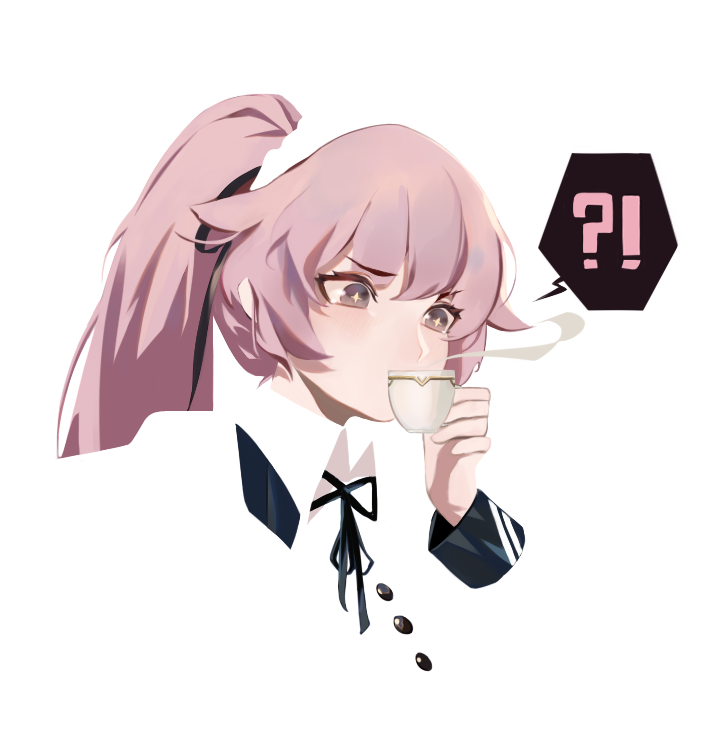 !? +_+ 1girl alternate_costume black_neckwear black_ribbon blush buttons cup drink drinking eyebrows_visible_through_hair face girls_frontline grey_eyes headdress headwear holding holding_cup long_hair long_sleeves looking_down maid maid_headdress neck_ribbon neckwear ntw-20_(girls_frontline) pink_hair ponytail ribbon simple_background skq196 solo white_background