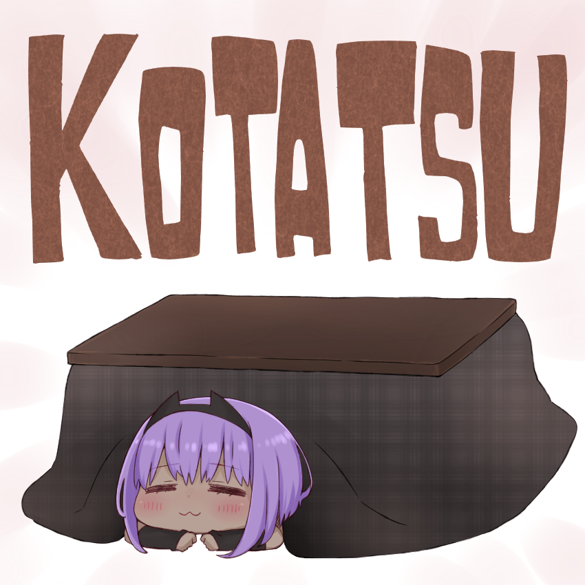 1girl :3 =_= bangs blush chibi closed_eyes closed_mouth dark_skin eyebrows_visible_through_hair fate/prototype fate/prototype:_fragments_of_blue_and_silver fate_(series) hassan_of_serenity_(fate) i.u.y kotatsu plaid purple_hair sidelocks solo table under_kotatsu under_table unmoving_pattern