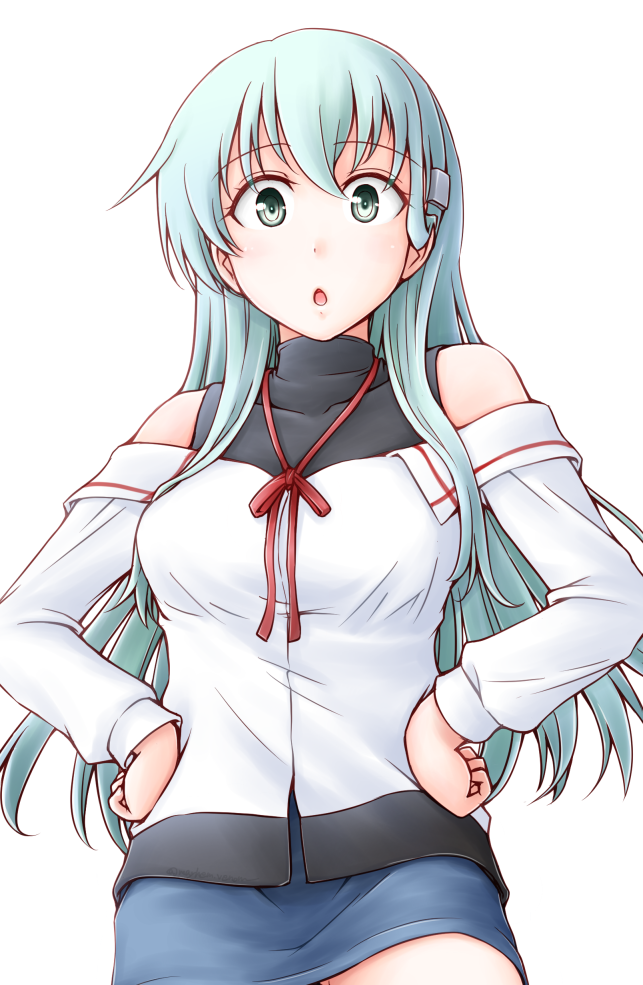 1girl aqua_hair black_shirt blue_skirt commentary_request cosplay cowboy_shot green_eyes hair_ornament hairclip kantai_collection layered_shirt long_hair long_sleeves looking_at_viewer meihemu off-shoulder_shirt off_shoulder pencil_skirt shigure_(kantai_collection) shigure_(kantai_collection)_(cosplay) shirt simple_background skirt sleeveless sleeveless_shirt solo suzuya_(kantai_collection) turtleneck white_background white_shirt