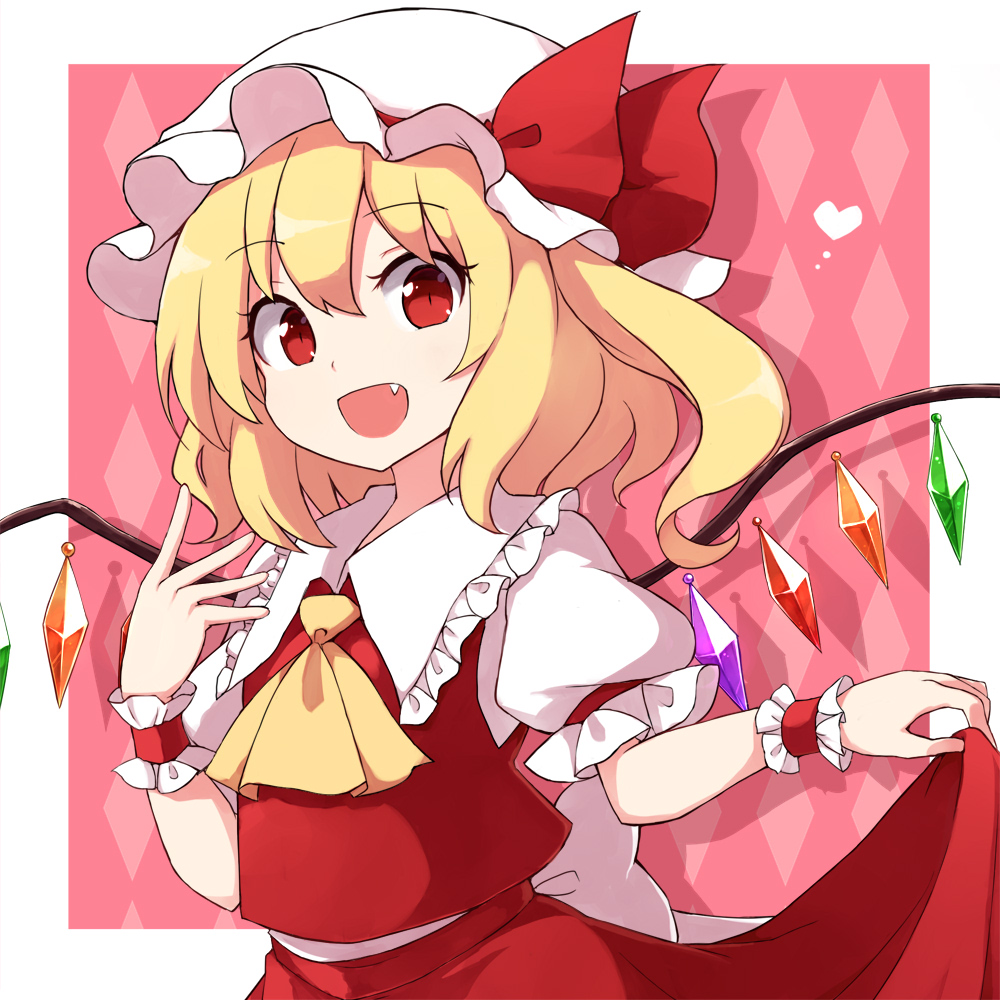 1girl back_bow blonde_hair bow commentary crystal fang flandre_scarlet frills hand_up hat hat_ribbon heart long_hair looking_at_viewer mob_cap open_mouth patterned_background pink_background puffy_short_sleeves puffy_sleeves red_eyes red_ribbon red_skirt red_vest ribbon rizento shirt short_sleeves side_ponytail skirt skirt_hold smile solo touhou upper_body vest white_bow white_headwear white_shirt wings wrist_cuffs yellow_neckwear