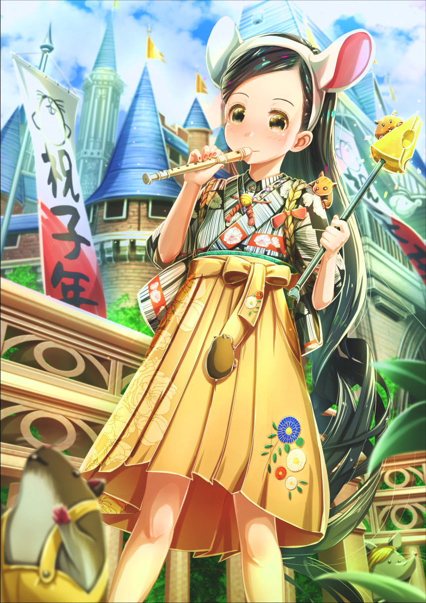 1girl abo_(kawatasyunnnosukesabu) animal animal_ears back_bow banner bell black_eyes black_hair bow castle cheese chipmunk commentary_request day fake_animal_ears food hakama hamster highres holding holding_instrument instrument japanese_clothes jingle_bell kimono long_hair looking_at_viewer mouse mouse_ears music nail_polish no_bangs original outdoors pennant playing_instrument rat recorder red_nails short_sleeves solo squirrel tassel very_long_hair wand yellow_hakama