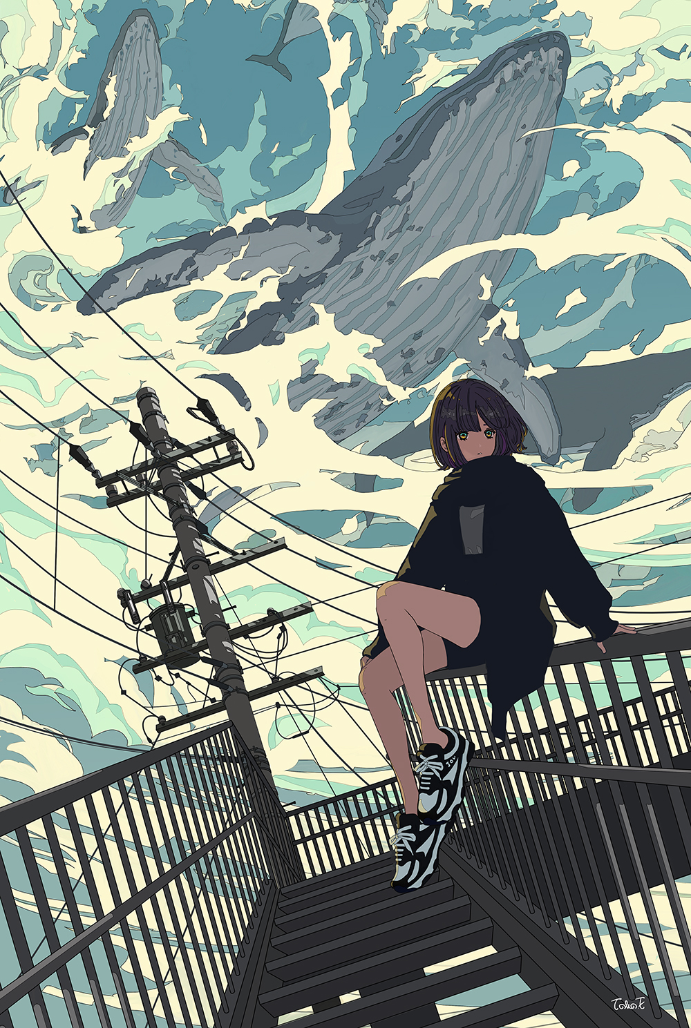 1girl animal bangs bare_legs black_jacket black_shorts clouds cloudy_sky commentary_request dutch_angle flying_whale highres jacket ligne_claire long_sleeves multicolored multicolored_eyes original power_lines railing seraphitalg shoes short_hair short_shorts shorts signature sitting sitting_on_railing sky sneakers stairs telephone_pole whale