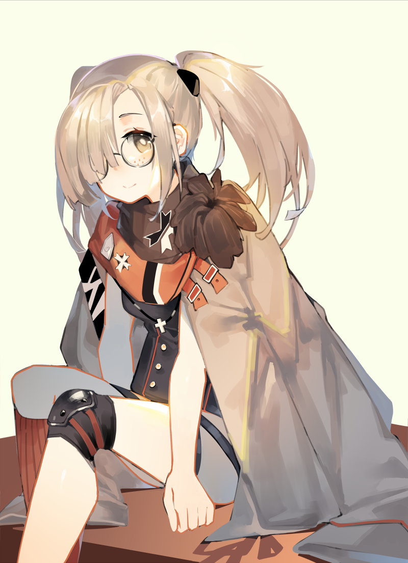 1girl bangs cape closed_mouth coat cross freckles girls_frontline glasses grey_eyes grey_hair hair_ornament hair_over_one_eye hk21_(girls_frontline) knee_pads long_hair looking_at_viewer mania_(fd6060_60) round_eyewear scarf simple_background sitting sleeveless smile solo strap thigh_strap twintails white_background