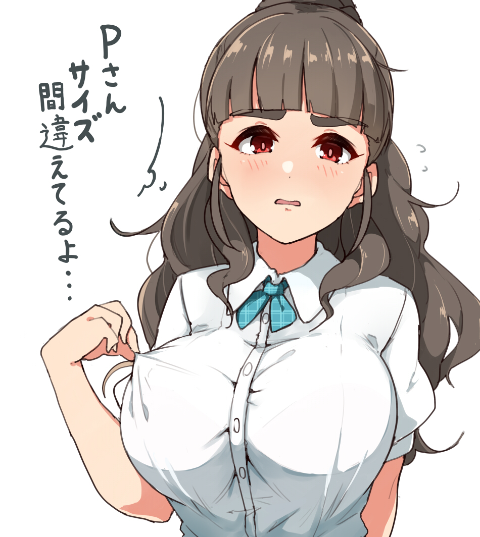 1girl bow bowtie breasts brown_hair eyebrows haseneko idolmaster idolmaster_cinderella_girls kamiya_nao large_breasts ponytail school_uniform thick_eyebrows