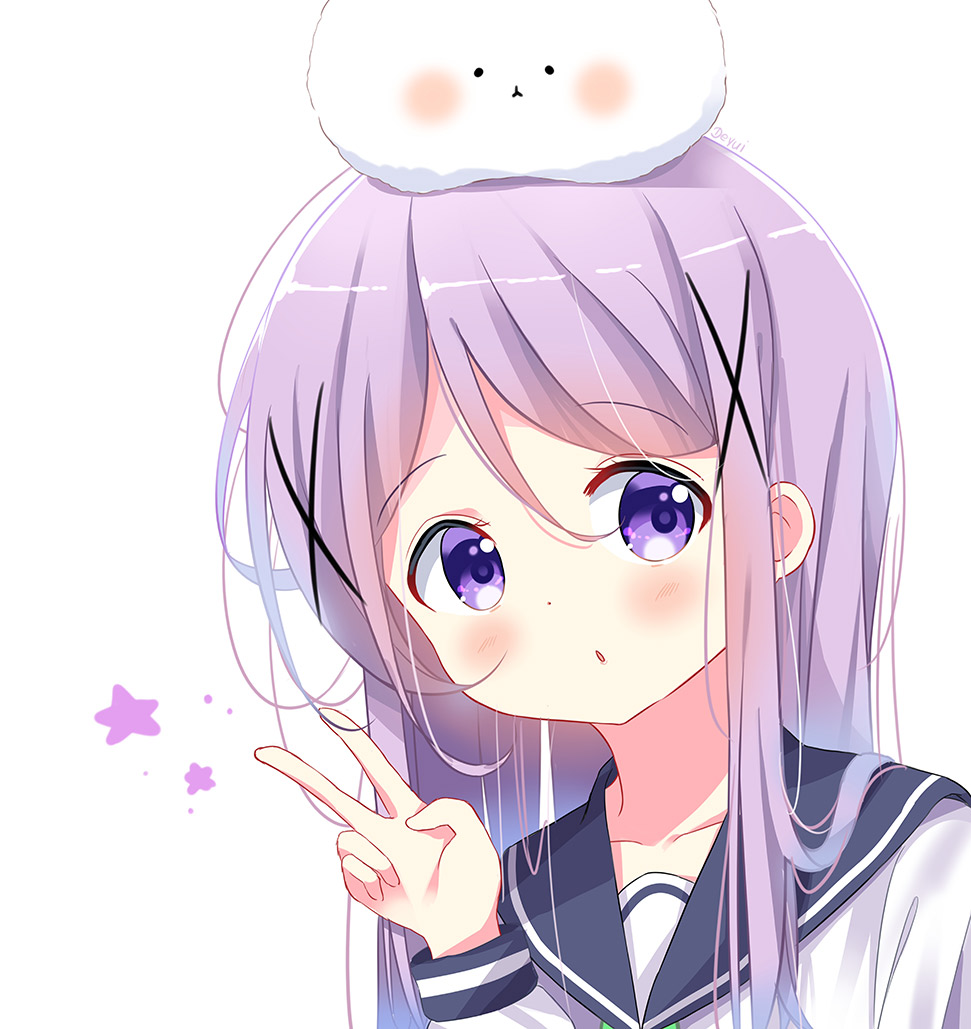 1girl angora_rabbit animal animal_on_head bangs black_sailor_collar blush commentary crossover deyui eyebrows_visible_through_hair gochuumon_wa_usagi_desu_ka? hair_between_eyes hair_ornament hand_up kafuu_chino koisuru_asteroid long_sleeves on_head parted_lips rabbit sailor_collar school_uniform serafuku shirt simple_background star suzuya_moe tippy_(gochiusa) v white_background white_shirt x_hair_ornament