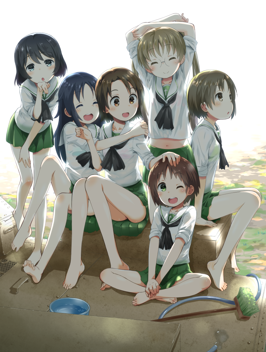 6+girls :d ;d arms_behind_head arms_up bangs barefoot black_eyes black_hair black_neckwear blouse blown_kiss blue_eyes broom brown_eyes brown_hair bucket closed_eyes dappled_sunlight day eyebrows_visible_through_hair freckles girls_und_panzer glasses green_eyes green_skirt ground_vehicle hand_on_another's_head hand_on_own_thigh hands_together highres hose hug indian_style interlocked_fingers kneeling kokekokko_coma leaning_forward legs long_hair long_sleeves looking_at_another looking_at_viewer m3_lee maruyama_saki midriff military military_vehicle miniskirt motor_vehicle multiple_girls navel neckerchief on_vehicle one_eye_closed ooarai_school_uniform oono_aya open_mouth outdoors parted_bangs pleated_skirt round_eyewear sakaguchi_karina sawa_azusa school_uniform serafuku short_hair sitting skirt sleeves_rolled_up smile standing stretch sunlight tank twintails utsugi_yuuki white_background white_blouse yamagou_ayumi