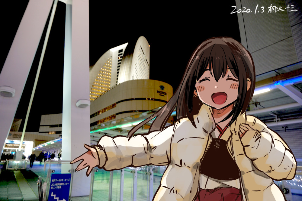 1girl akagi_(kantai_collection) artist_name beige_jacket brown_hair building commentary_request dated hakama hakama_skirt japanese_clothes kantai_collection kirisawa_juuzou long_hair muneate night photo_background real_world_location red_hakama smile solo straight_hair traditional_media upper_body