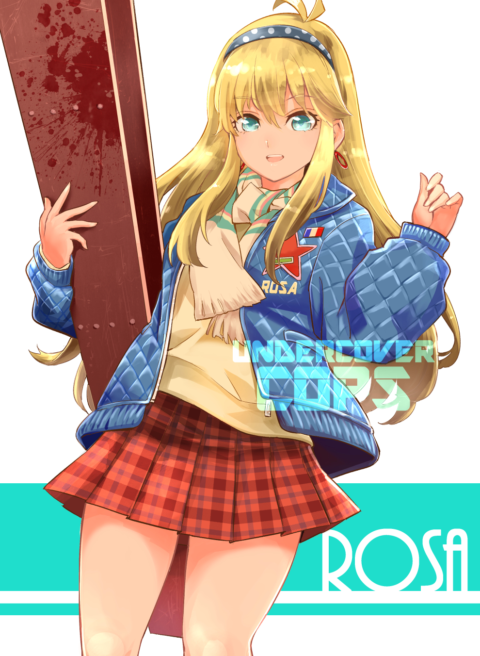 1girl antenna_hair blonde_hair blue_eyes blue_jacket character_name copyright_name cowboy_shot earrings h-y-d hairband highres holding jacket jewelry long_hair looking_at_viewer multicolored multicolored_clothes multicolored_scarf plaid plaid_skirt polka_dot red_skirt rosa_felmonde scarf shirt sidelocks simple_background skirt smile solo standing striped striped_scarf undercover_cops white_background yellow_shirt